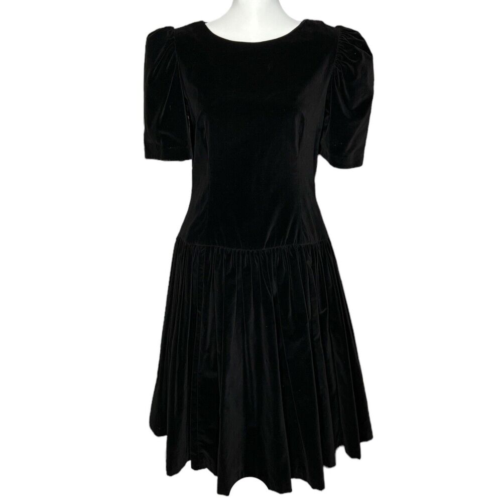 Vintage Black Velvet 80s Drop Waist Back Rainbow Bows Whimsygoth Dress 11/12 S - Picture 2 of 8